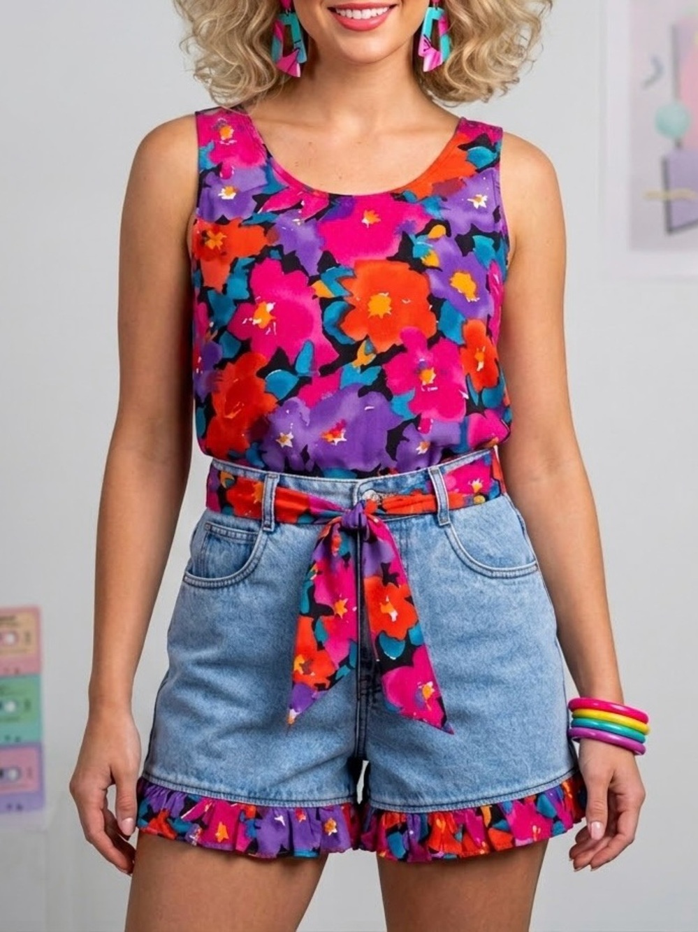 Vintage 80s Gitano 3 Piece Tropical Floral Tank & Ruffle Denim Shorts Set size S